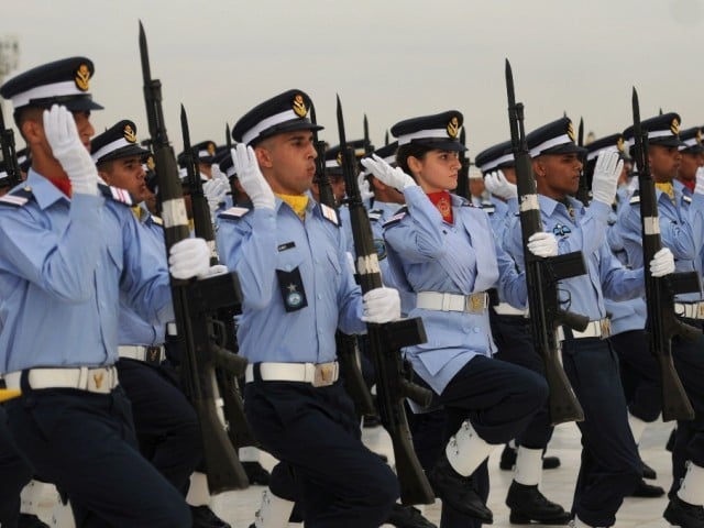 Pakistan Air Force cadets march at the mausoleum of the country's founder, Mohammad Ali Jinnah in Karachi on September 6, 2012, to mark the country s Defence Day. PHOTO: AFP